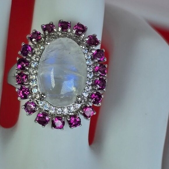 925 Sterling Silver Ring with Natural Moonstone & Rhodolite Garnet Gems - Picture 2 of 12